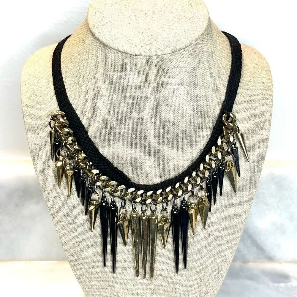 Zara Layered Chain Fabric Strand Adjustable Statement Necklace Gold & Black 23"